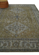 Wool Area Rug 8x10 Hand Knotted Olive Silver Charcoal Traditional Heriz Low Pile