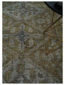 Wool Area Rug 8x10 Hand Knotted Olive Silver Charcoal Traditional Heriz Low Pile