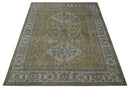 Wool Area Rug 8x10 Hand Knotted Olive Silver Charcoal Traditional Heriz Low Pile