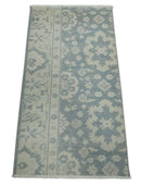 Antique Style Ivory and Charcoal Hand Knotted Traditional Oushak 2x4 wool Bedside Rug