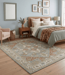 Heriz Traditional Hand-Knotted Wool Area Rug - Gray Ivory Peach Olive
