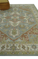 Heriz Traditional Hand-Knotted Wool Area Rug - Gray Ivory Peach Olive