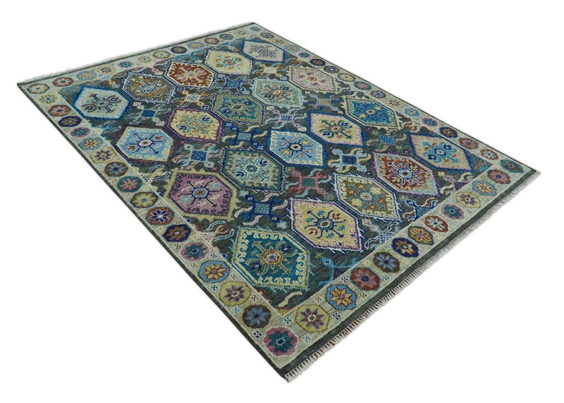 Antique look Charcoal, beige and Blue Hand knotted Traditional Oushak Custom Made wool Area Rug