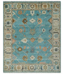 Aqua Blue and Ivory 8x10 Hand Knotted Wool Traditional Oushak Area Rug by The Rug Decor