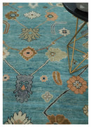 Aqua Blue and Ivory 8x10 Hand Knotted Wool Traditional Oushak Area Rug by The Rug Decor