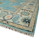 Aqua Blue and Ivory 8x10 Hand Knotted Wool Traditional Oushak Area Rug by The Rug Decor