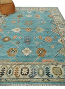 Aqua Blue and Ivory 8x10 Hand Knotted Wool Traditional Oushak Area Rug by The Rug Decor