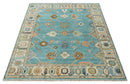 Aqua Blue and Ivory 8x10 Hand Knotted Wool Traditional Oushak Area Rug by The Rug Decor