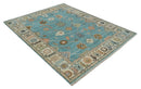 Aqua Blue and Ivory 8x10 Hand Knotted Wool Traditional Oushak Area Rug by The Rug Decor