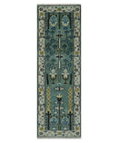Aqua Hand Knotted Green and Ivory Traditional Turkish Vintage Style Wool Rug