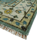 Aqua Hand Knotted Green and Ivory Traditional Turkish Vintage Style Wool Rug by The Rug Decor