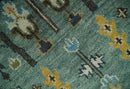 Aqua Hand Knotted Green and Ivory Traditional Turkish Vintage Style Wool Rug