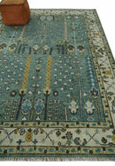 Aqua Hand Knotted Green and Ivory Traditional Turkish Vintage Style Wool Rug by The Rug Decor