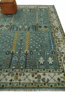 Aqua Hand Knotted Green and Ivory Traditional Turkish Vintage Style Wool Rug
