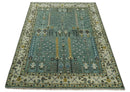 Aqua Hand Knotted Green and Ivory Traditional Turkish Vintage Style Wool Rug by The Rug Decor