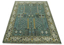 Aqua Hand Knotted Green and Ivory Traditional Turkish Vintage Style Wool Rug