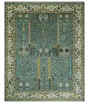 Aqua Hand Knotted Green and Ivory Traditional Turkish Vintage Style Wool Rug by The Rug Decor