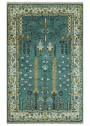 Aqua Hand Knotted Green and Ivory Traditional Turkish Vintage Style Wool Rug by The Rug Decor