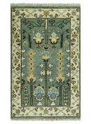 Aqua Hand Knotted Green and Ivory Traditional Turkish Vintage Style Wool Rug by The Rug Decor