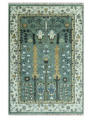 Aqua Hand Knotted Green and Ivory Traditional Turkish Vintage Style Wool Rug by The Rug Decor
