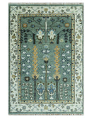 Aqua Hand Knotted Green and Ivory Traditional Turkish Vintage Style Wool Rug