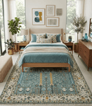 Aqua Hand Knotted Green and Ivory Traditional Turkish Vintage Style Wool Rug