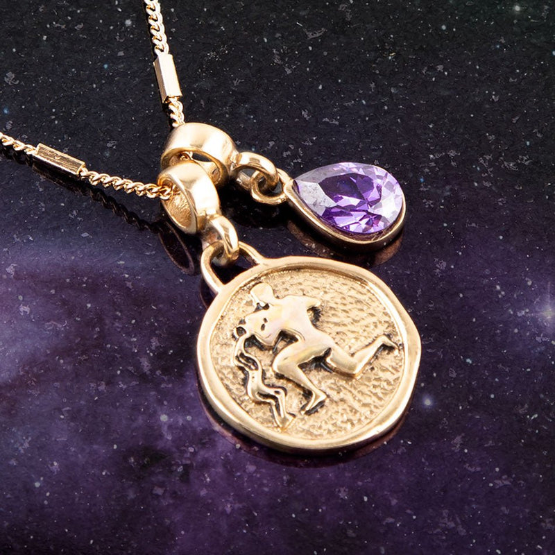 Aquarius - Zodiac Purple Amethyst Golden Charm Necklace