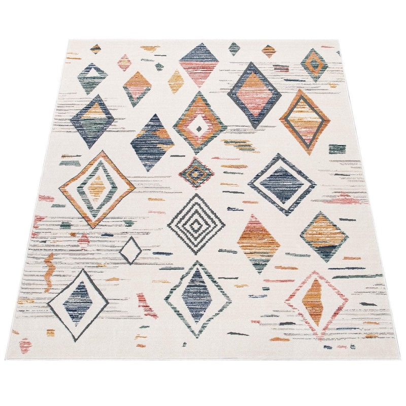 Area Rug Cream Low-Pile Boho Style Colorful Diamond Pattern