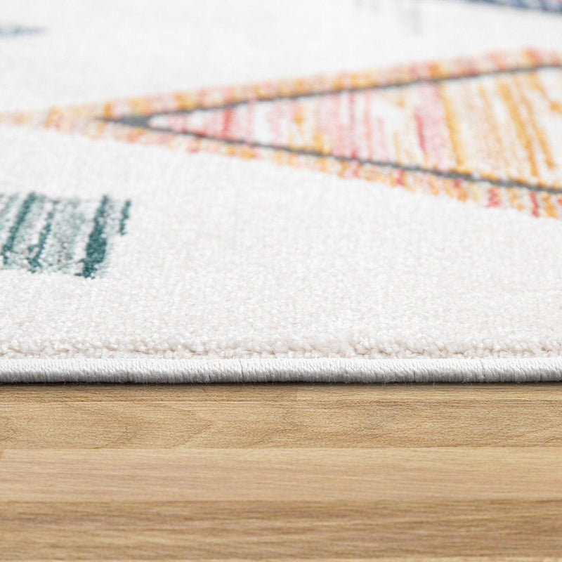 Area Rug Cream Low-Pile Boho Style Colorful Diamond Pattern