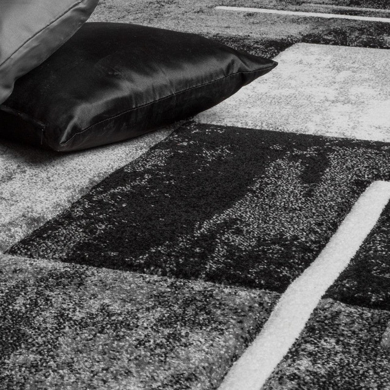 Area Rug Madeira Checkered with Contour Cut - Grey Black