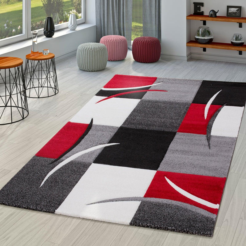 Area Rug Madeira Checkered with Contour Cut - Grey Red