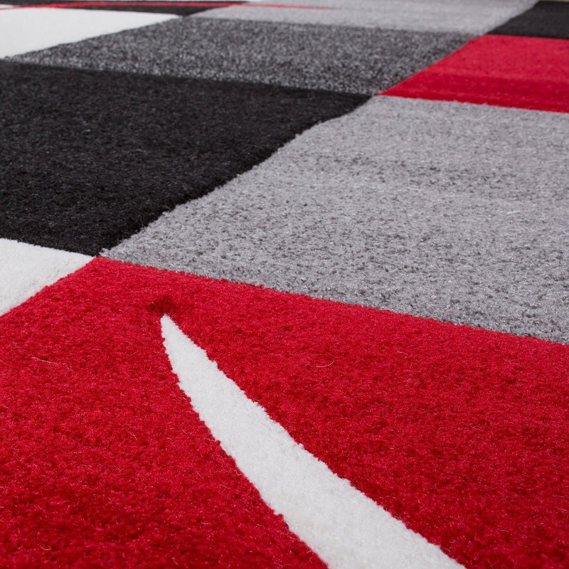 Area Rug Madeira Checkered with Contour Cut - Grey Red