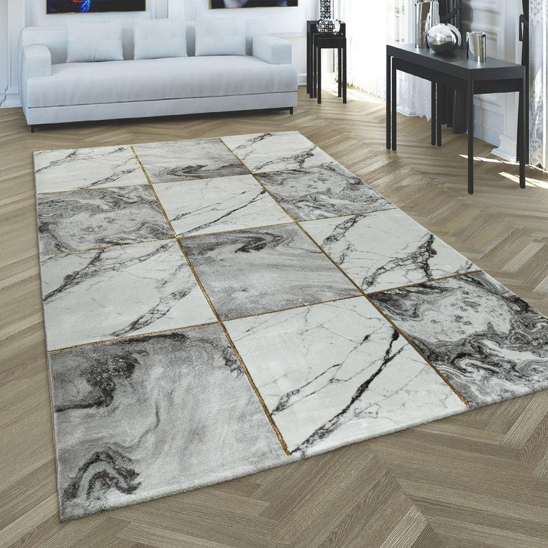 Area Rug Marble Pattern Checkered in Grey Gold Beige