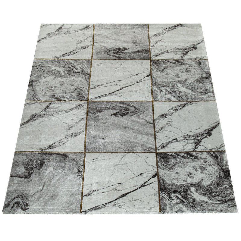 Area Rug Marble Pattern Checkered in Grey Gold Beige