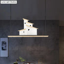 GobekUsa Art Deco Island Pendant Ceiling Light, LED Metal Fixture in White with Wood Bracket - Warm/White Light