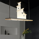 GobekUsa Art Deco Island Pendant Ceiling Light, LED Metal Fixture in White with Wood Bracket - Warm/White Light