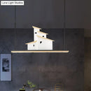 GobekUsa Art Deco Island Pendant Ceiling Light, LED Metal Fixture in White with Wood Bracket - Warm/White Light