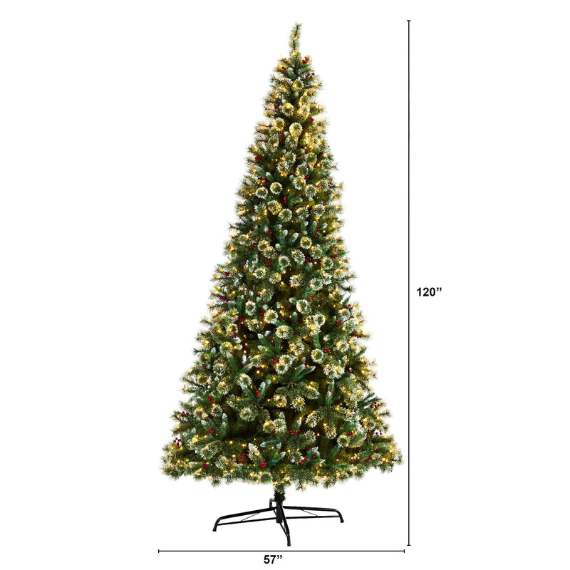 10’ Frosted Swiss Pine Artificial Christmas Tree with 850 Clear LED Lights and Berries