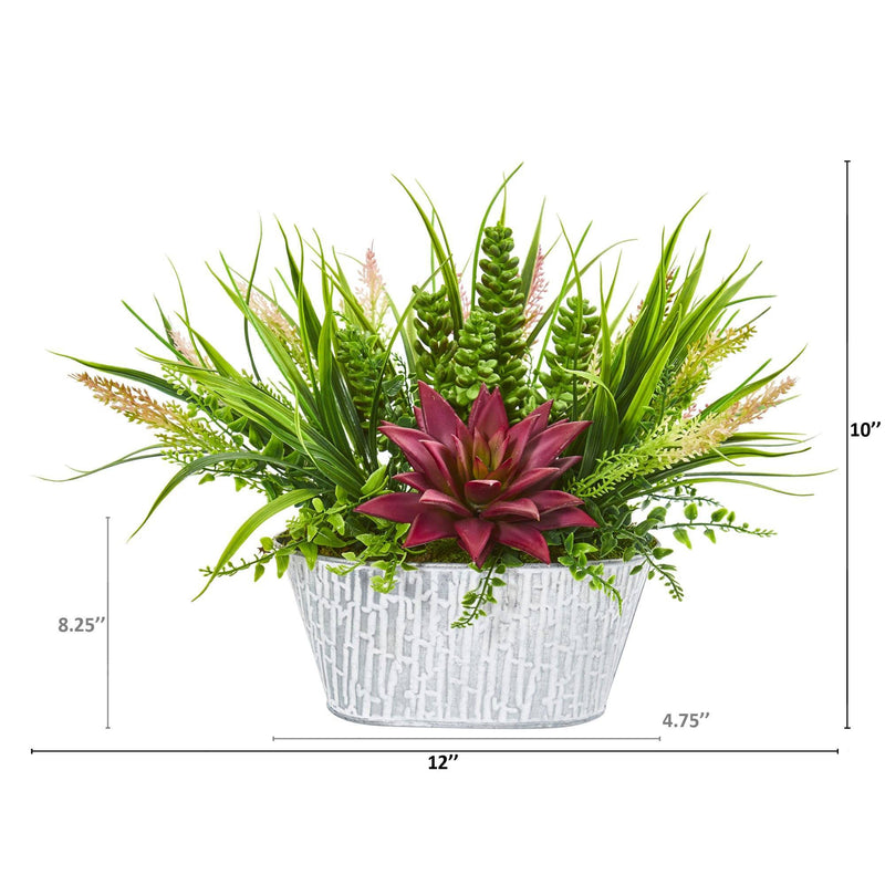 10” Succulent and Grass Artificial Plant in White Tin Planter, photo 2 of 2