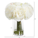 11” Peony Bouquet Artificial Arrangement in Glass Vase