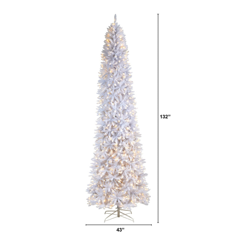 11’ Slim White Artificial Christmas Tree with 950 Warm White LED Lights and 2836 Bendable Branches