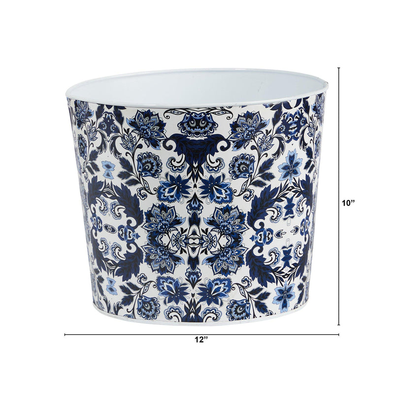 12” Oriental Blue and White Classic Round Metal Planter, photo 2 of 3