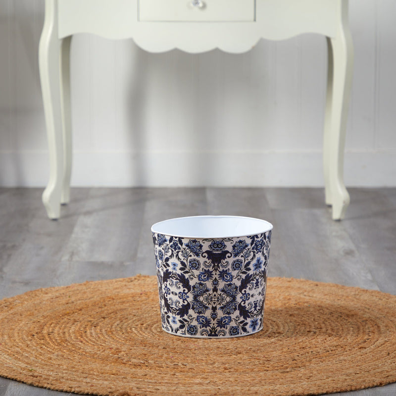 12” Oriental Blue and White Classic Round Metal Planter, photo 3 of 3
