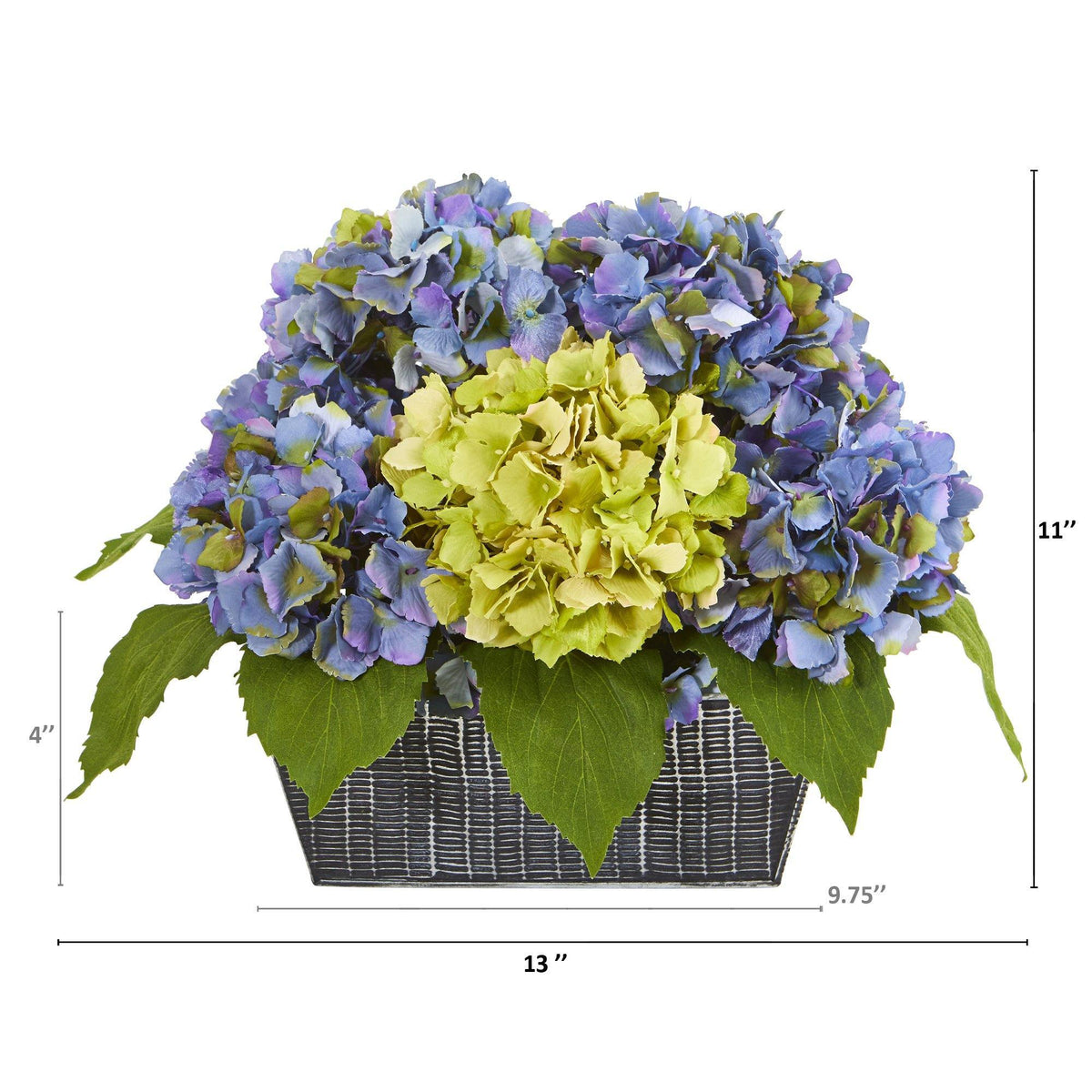 13” Hydrangea Artificial Arrangement in Embossed Tin Vase, photo 2 of 2