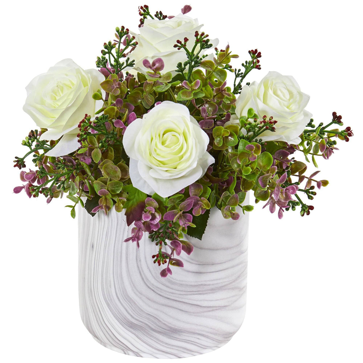 13” Roses & Eucalyptus Artificial Arrangement in Marble Finished Vase, photo 2 of 2