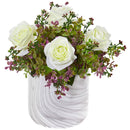 13” Roses & Eucalyptus Artificial Arrangement in Marble Finished Vase