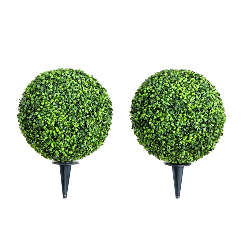 14” Artificial Boxwood Ball Topiary with Integrated Ground Stake UV Resistant - Set of 2