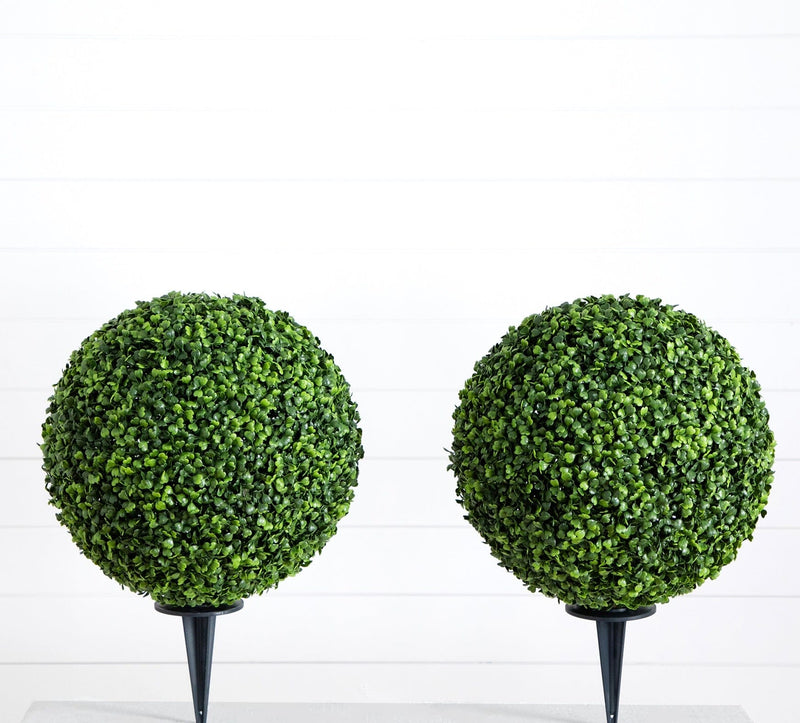 14” Artificial Boxwood Ball Topiary with Integrated Ground Stake UV Resistant - Set of 2