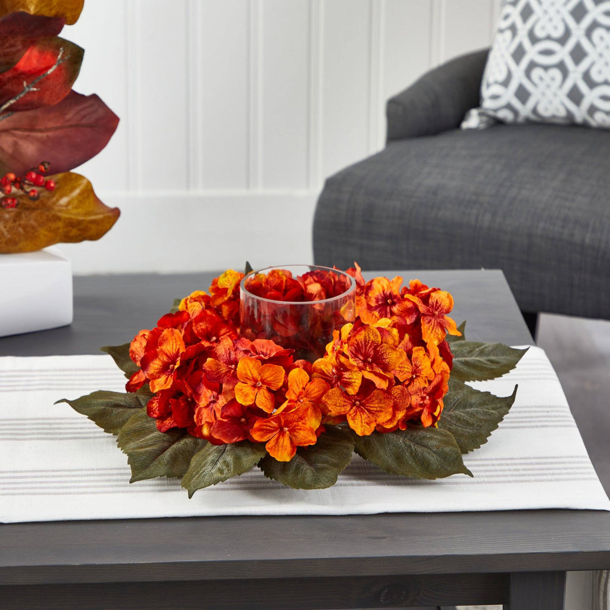 14” Autumn Hydrangea Artificial Candelabrum Arrangement, photo 3 of 5