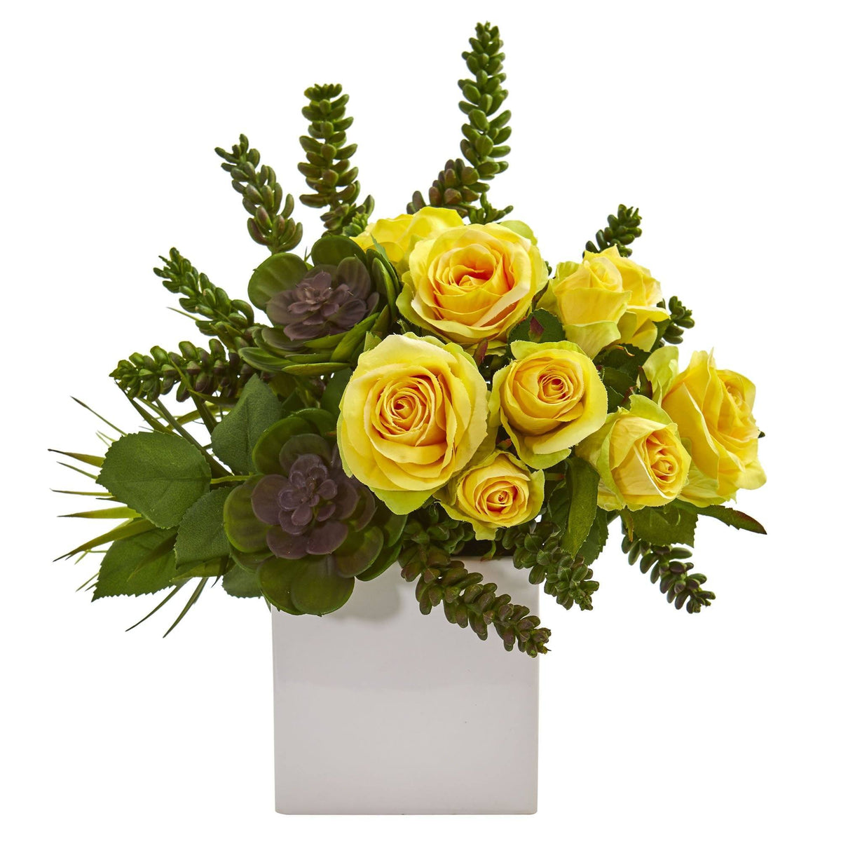 14” Rose & Succulent Artificial Arrangement in White Vase, photo 3 of 3
